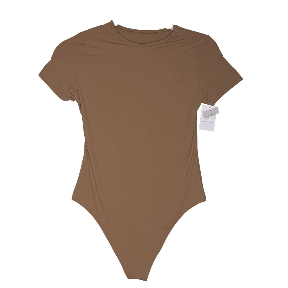 New Short Sleeve Crew Neck Bodysuit Brown Camel Size M Snap Closure Base Layer